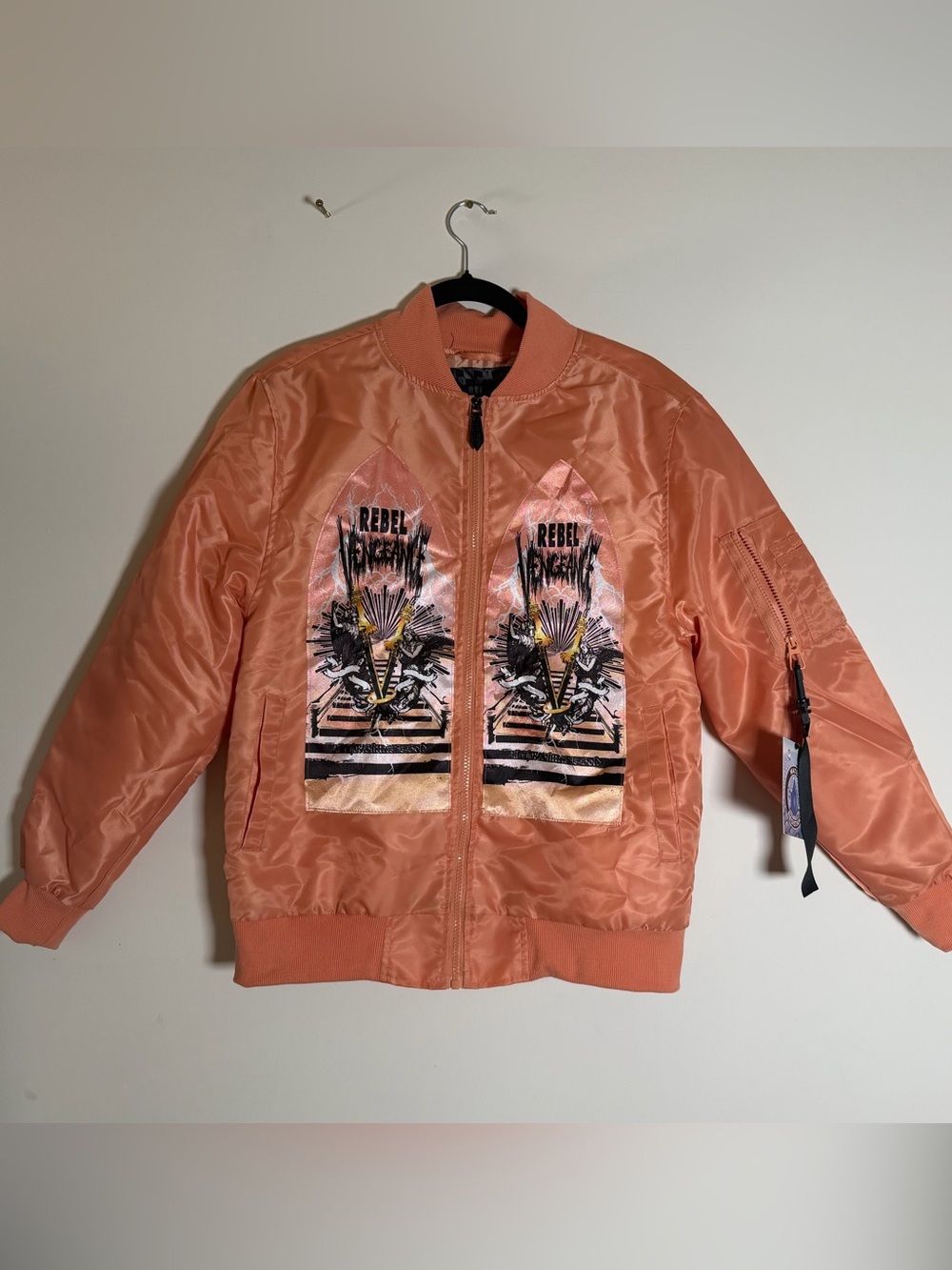 Rebel Revenge Graphic Bomber Jacket in Orange Size Small NWT